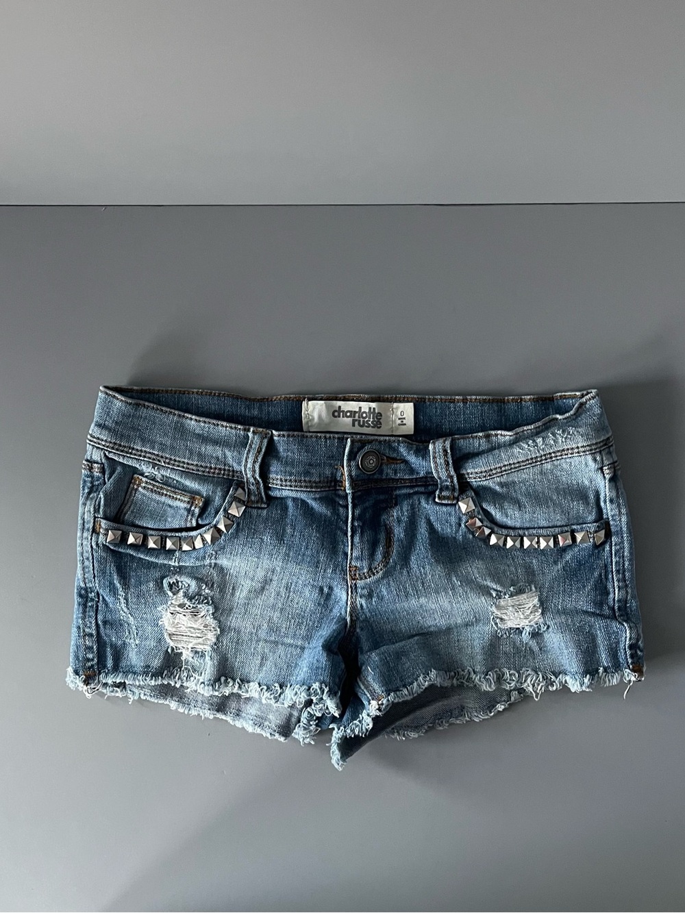 Charlotte Russe Vintage Denim Studded Hip Hugger Shorts 0 Rocker Baddie Punk